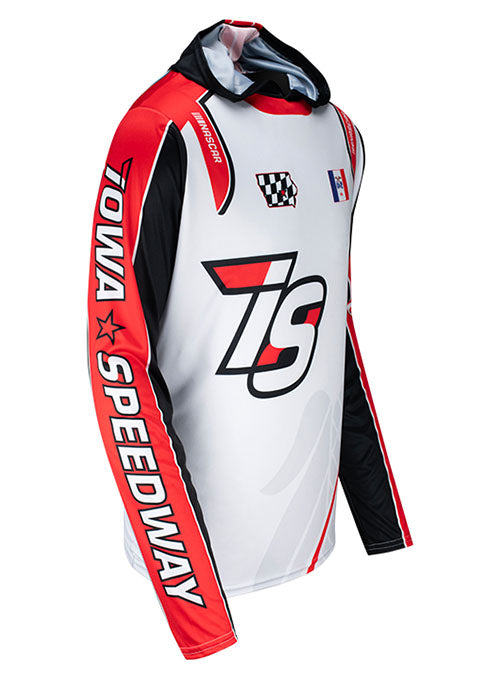 Iowa Speedway Long Sleeve Sublimated Hoodie in Red, White and Black - Angled Right Side View