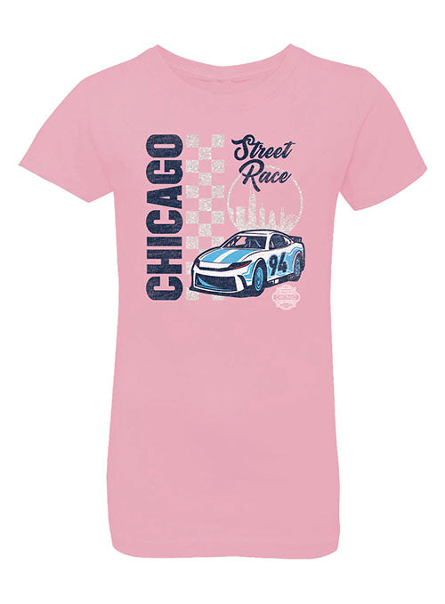 Youth Girls Chicago Street Race Car T-Shirt in Pink - Front View