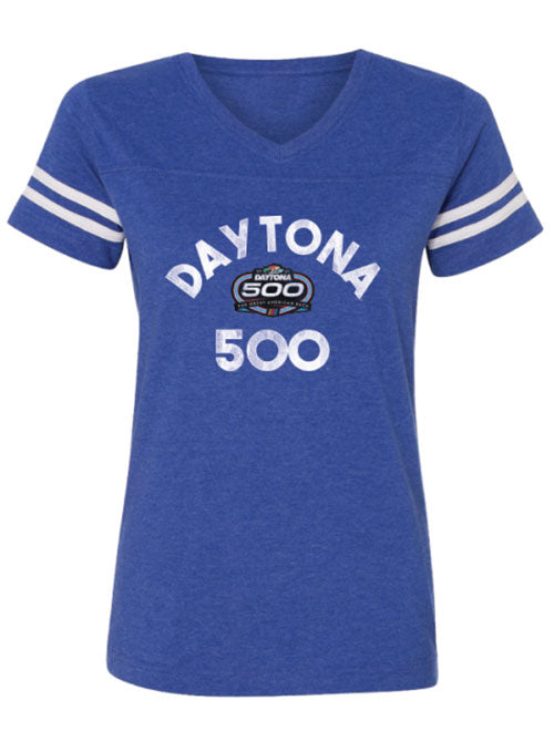 2023 Ladies Daytona 500 Distressed T-Shirt in Vintage Royal Blue and White - Front View